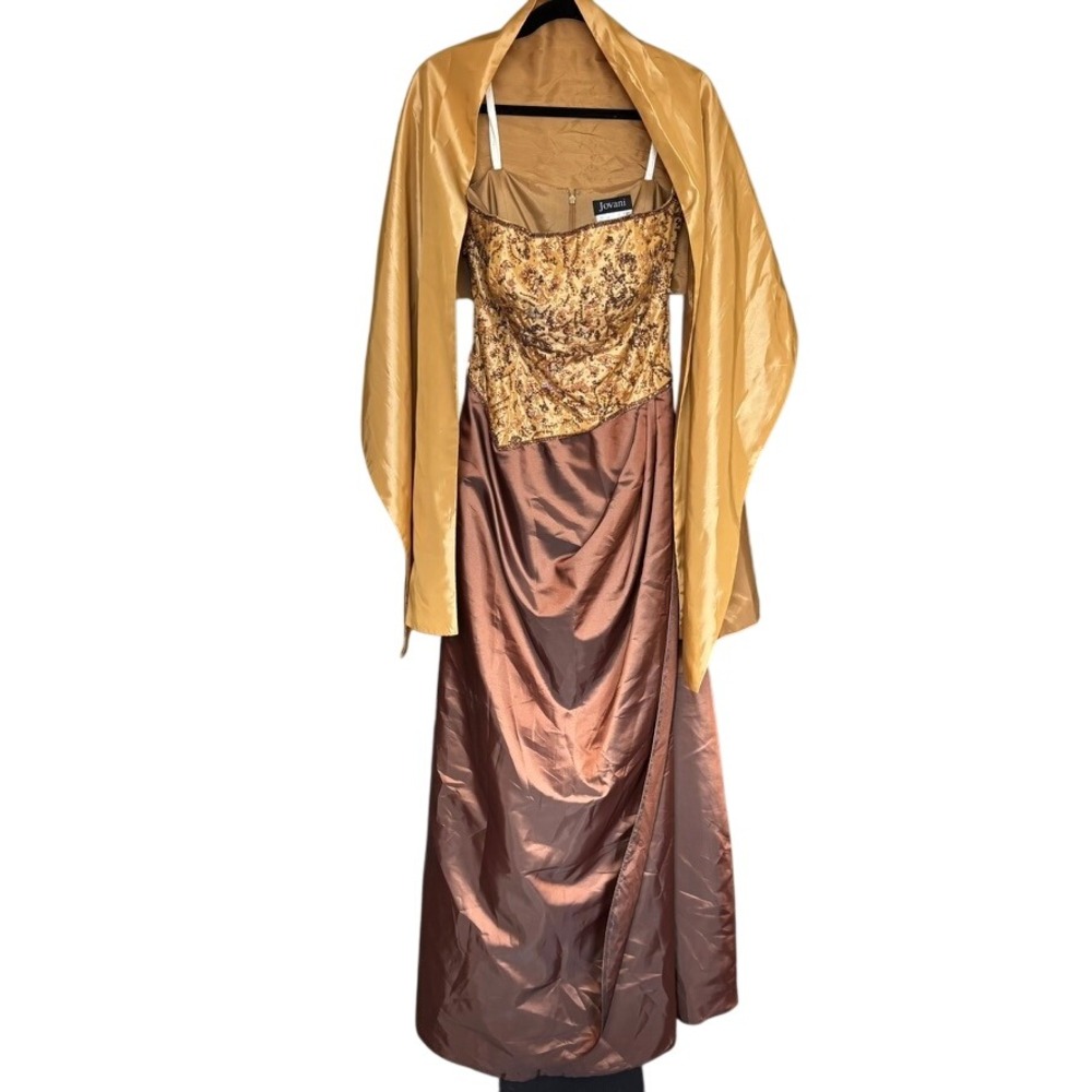 Jovani Formal Gown Sz 12 Gold Brown Strapless Dress Sequins beaded Ball Prom